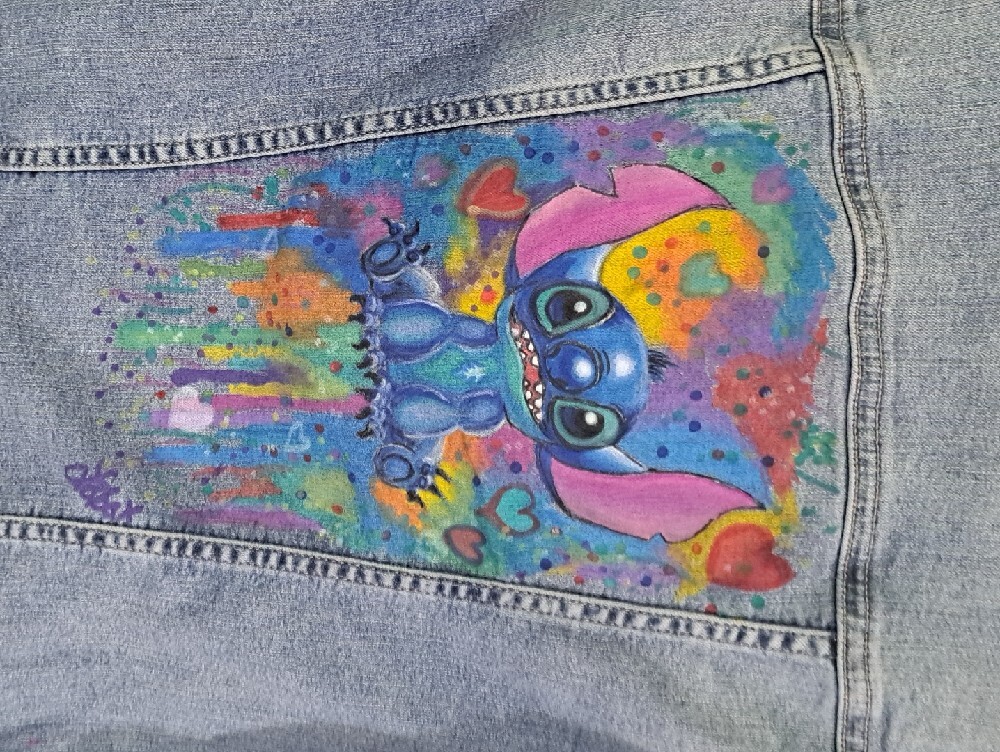 Hand Painted Denim Jacket with Colorful Panel Accents Cartoon - Picture 6 of 12